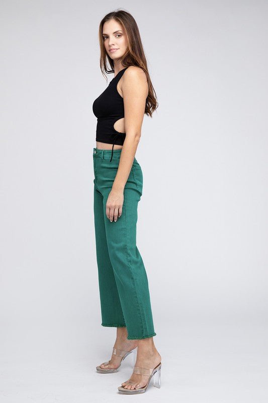 Acid Wash Frayed Cutoff Hem Straight Wide Pants - The Edit LLC