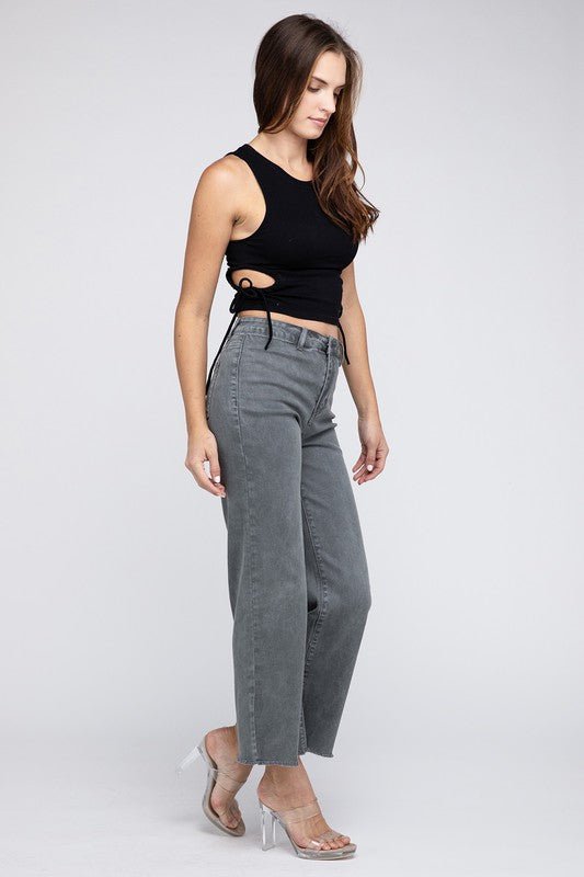 Acid Wash Frayed Cutoff Hem Straight Wide Pants - The Edit LLC