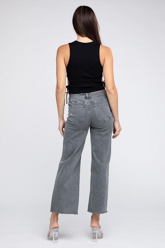 Acid Wash Frayed Cutoff Hem Straight Wide Pants - The Edit LLC