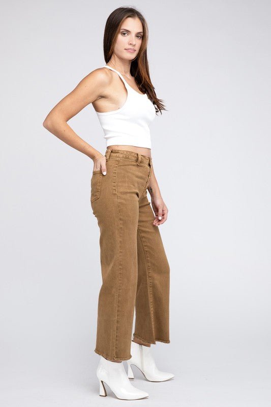 Acid Wash Frayed Cutoff Hem Straight Wide Pants - The Edit LLC