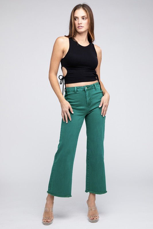 Acid Wash Frayed Cutoff Hem Straight Wide Pants - The Edit LLC