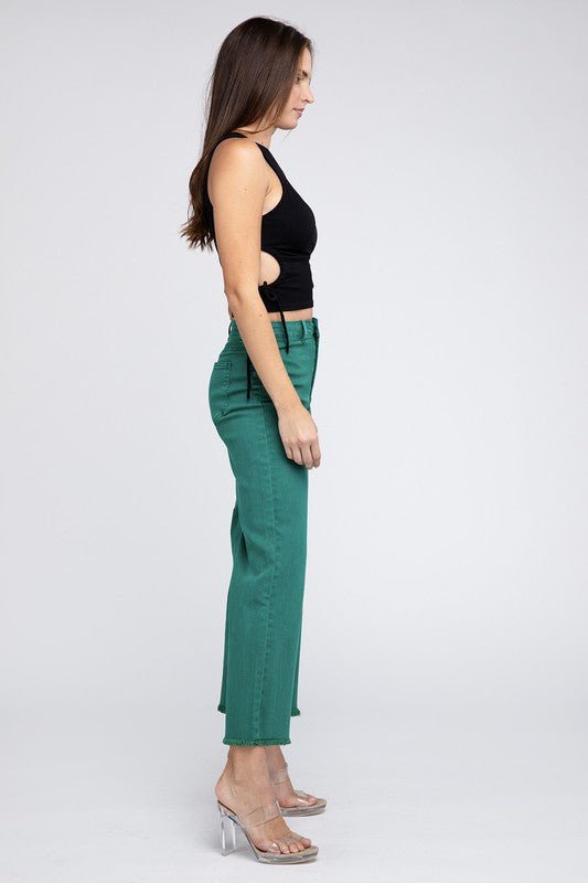 Acid Wash Frayed Cutoff Hem Straight Wide Pants - The Edit LLC