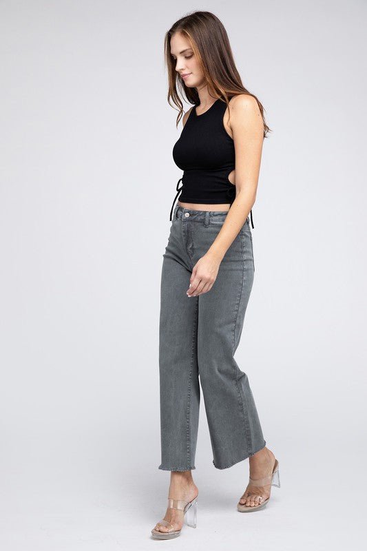 Acid Wash Frayed Cutoff Hem Straight Wide Pants - The Edit LLC