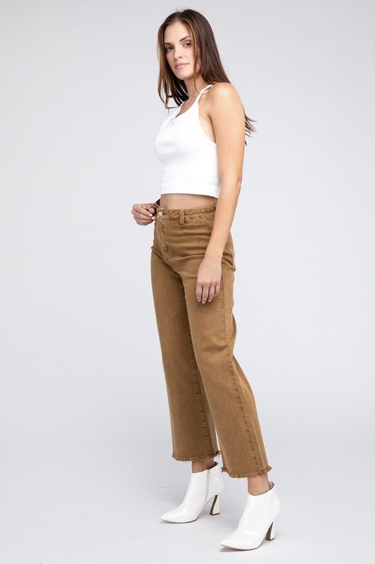 Acid Wash Frayed Cutoff Hem Straight Wide Pants - The Edit LLC