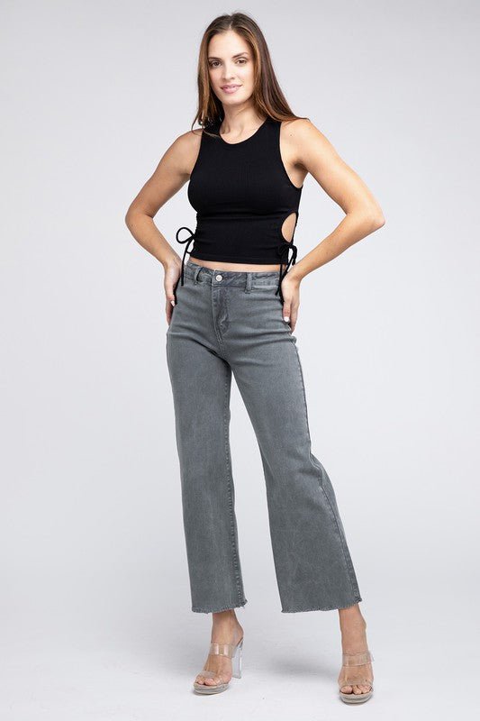 Acid Wash Frayed Cutoff Hem Straight Wide Pants - The Edit LLC