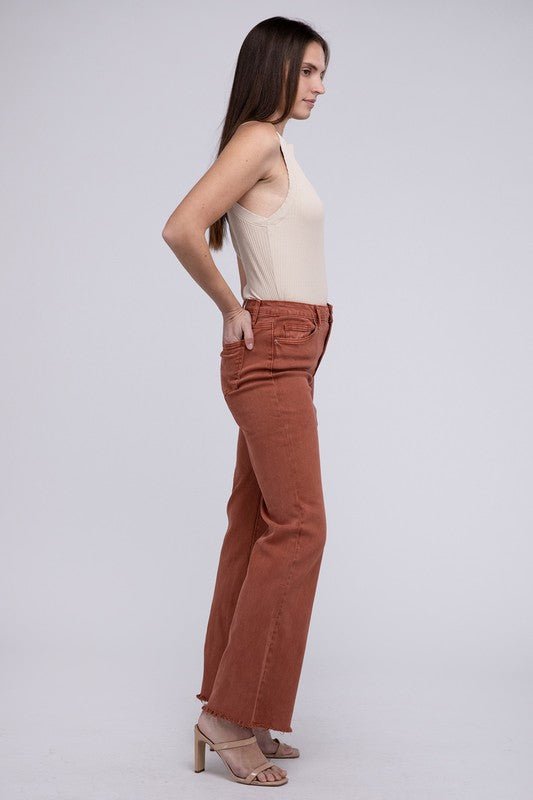 Acid Washed Frayed Cutoff Hem Straight Wide Pants - The Edit LLC