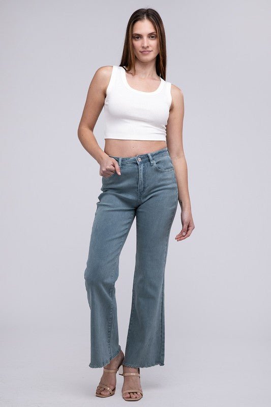 Acid Washed Frayed Cutoff Hem Straight Wide Pants - The Edit LLC