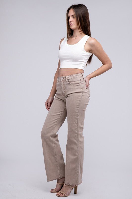 Acid Washed Frayed Cutoff Hem Straight Wide Pants - The Edit LLC