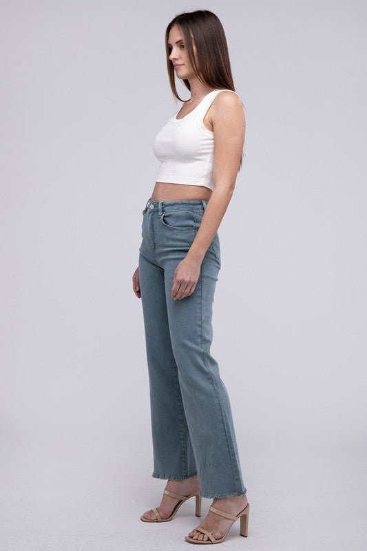 Acid Washed Frayed Cutoff Hem Straight Wide Pants - The Edit LLC