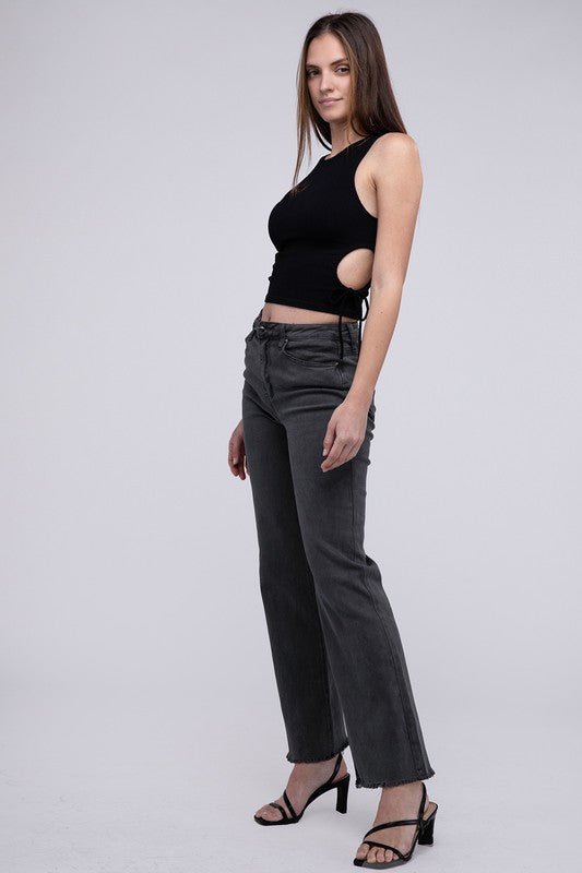 Acid Washed Frayed Cutoff Hem Straight Wide Pants - The Edit LLC