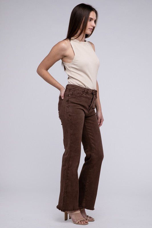 Acid Washed Frayed Cutoff Hem Straight Wide Pants - The Edit LLC