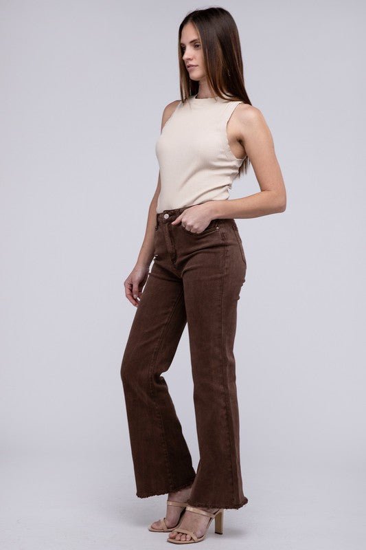 Acid Washed Frayed Cutoff Hem Straight Wide Pants - The Edit LLC