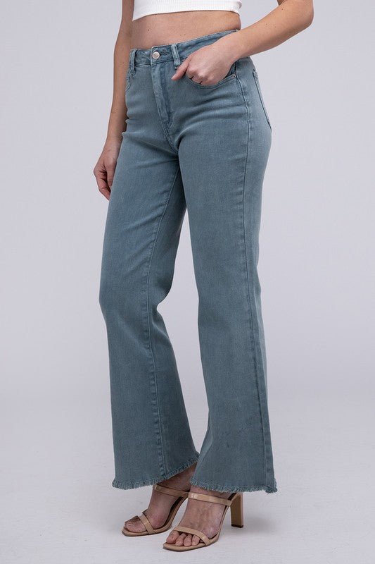 Acid Washed Frayed Cutoff Hem Straight Wide Pants - The Edit LLC