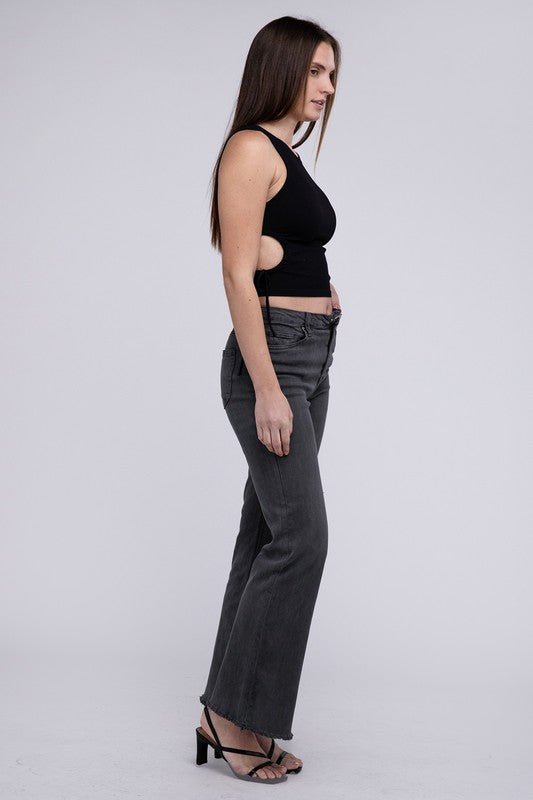 Acid Washed Frayed Cutoff Hem Straight Wide Pants - The Edit LLC