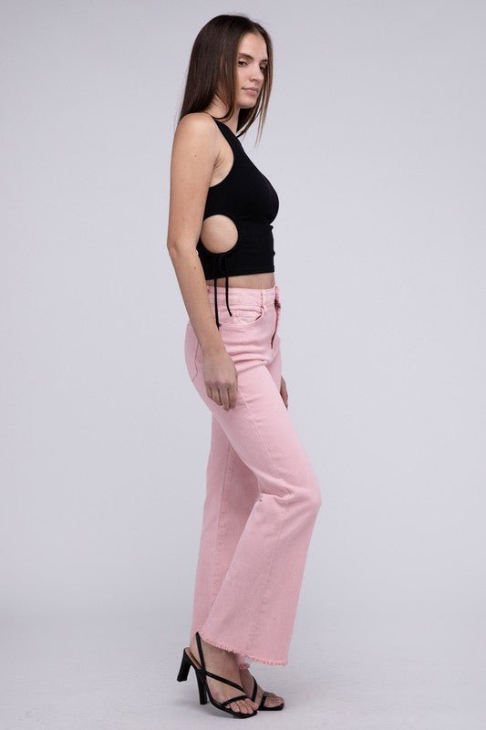 Acid Washed Frayed Cutoff Hem Straight Wide Pants - The Edit LLC