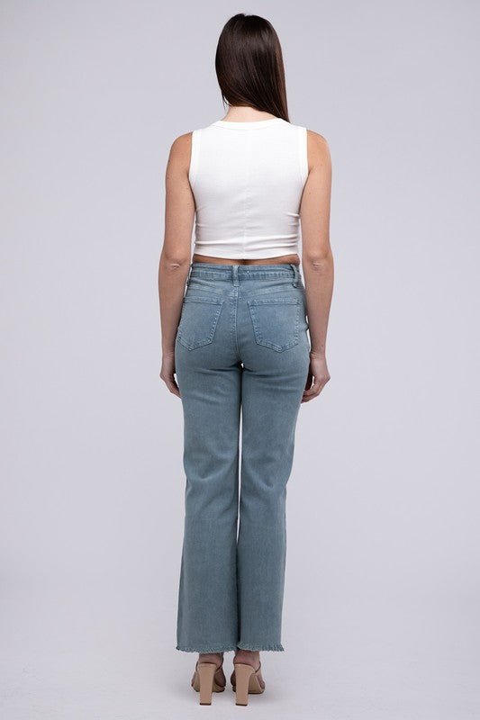 Acid Washed Frayed Cutoff Hem Straight Wide Pants - The Edit LLC