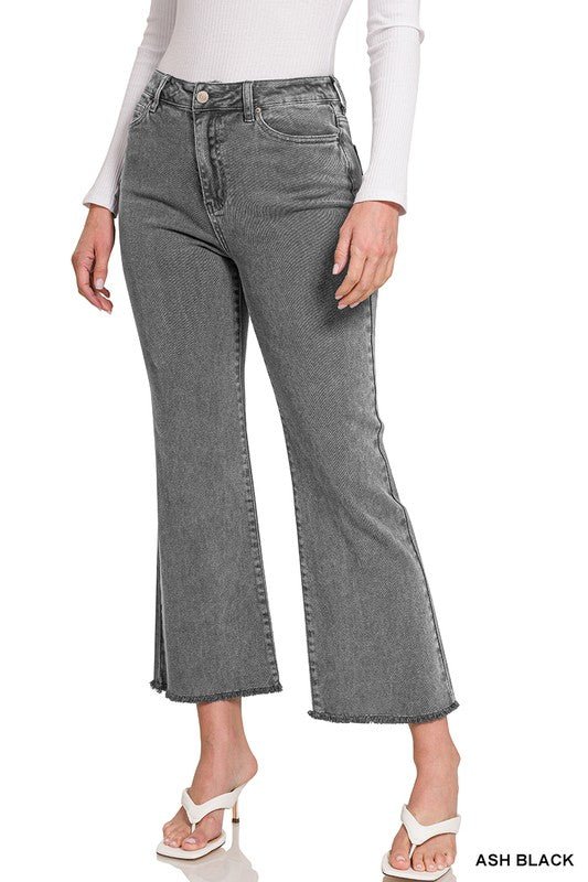 Acid Washed High Waist Frayed Hem Bootcut Pants - The Edit LLC