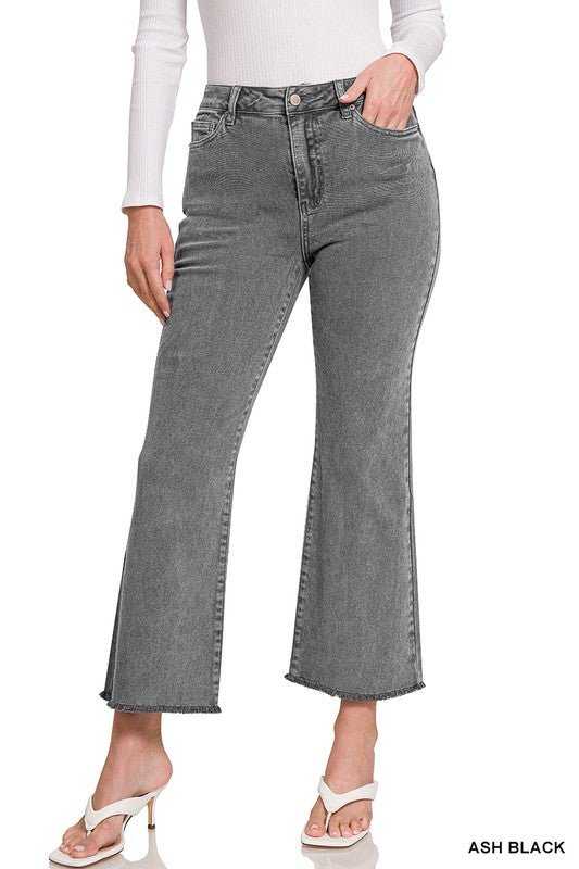 Acid Washed High Waist Frayed Hem Bootcut Pants - The Edit LLC