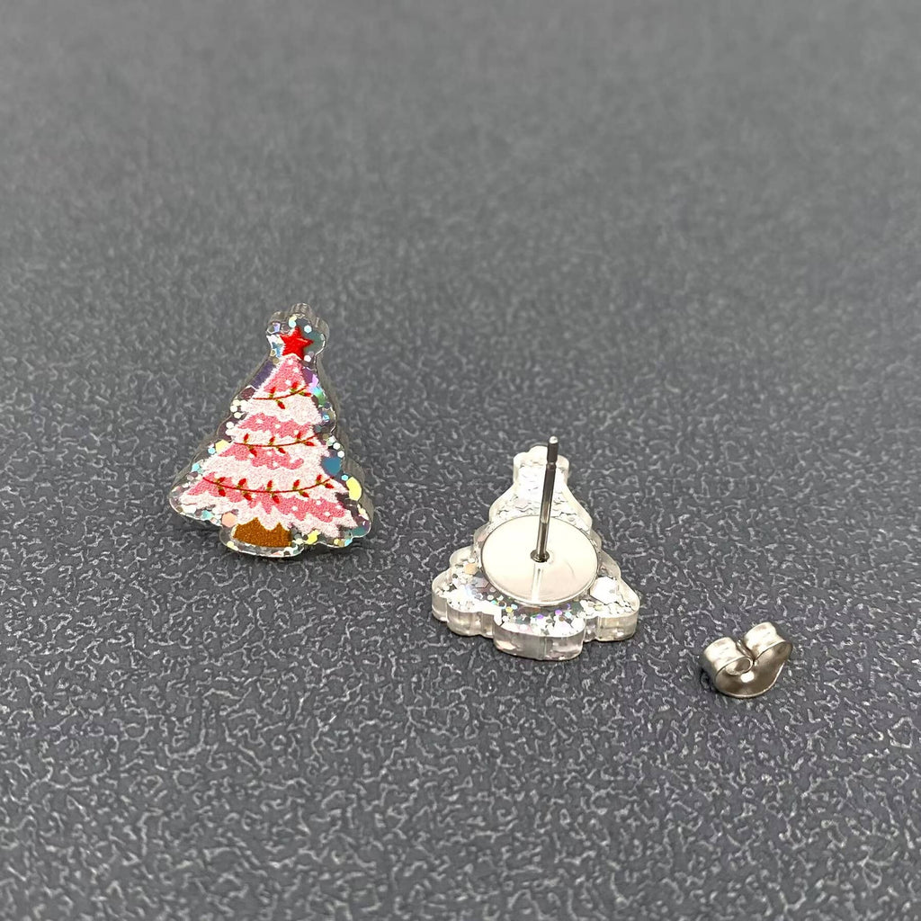 Acrylic Pink Christmas Tree Ear Studs - The Edit LLC