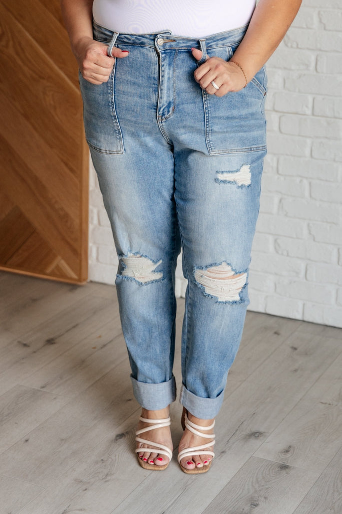 Aiden High Rise Patch Pocket Distressed Boyfriend Jeans - The Edit LLC