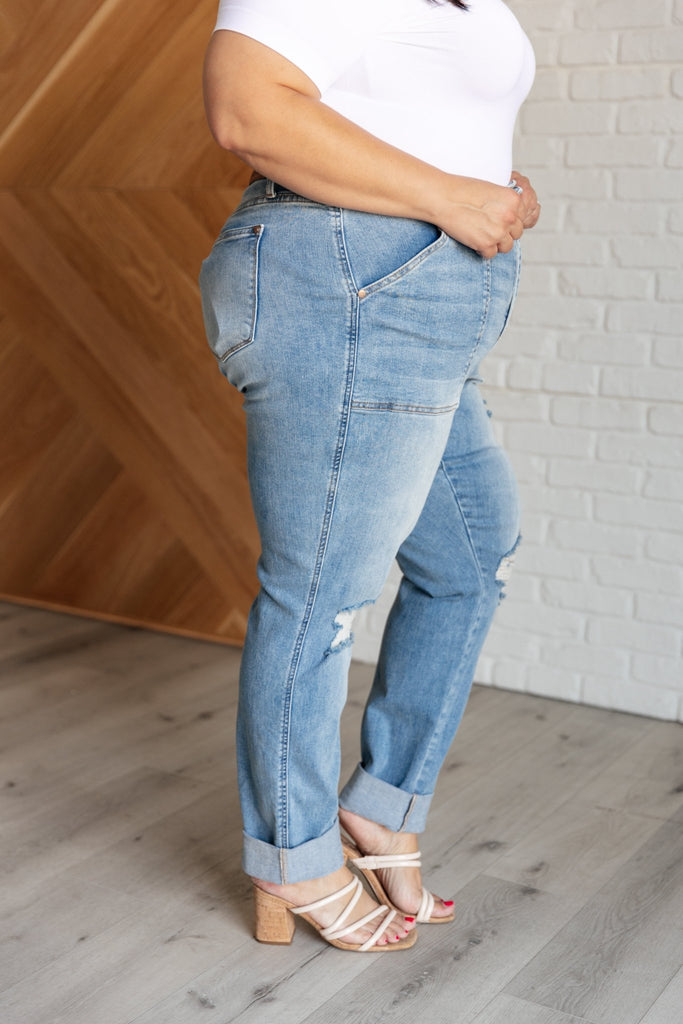 Aiden High Rise Patch Pocket Distressed Boyfriend Jeans - The Edit LLC