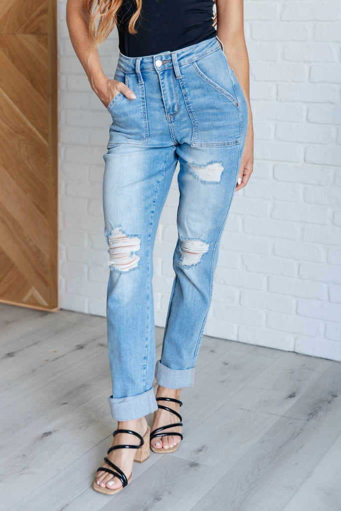 Aiden High Rise Patch Pocket Distressed Boyfriend Jeans - The Edit LLC