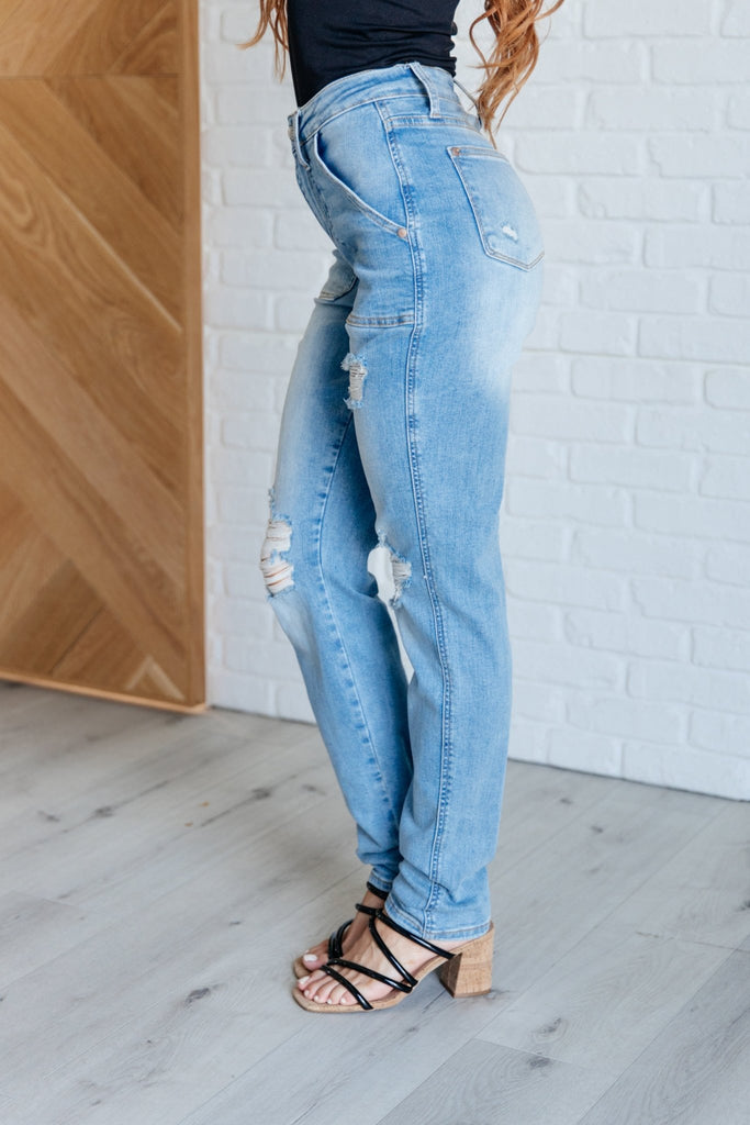 Aiden High Rise Patch Pocket Distressed Boyfriend Jeans - The Edit LLC