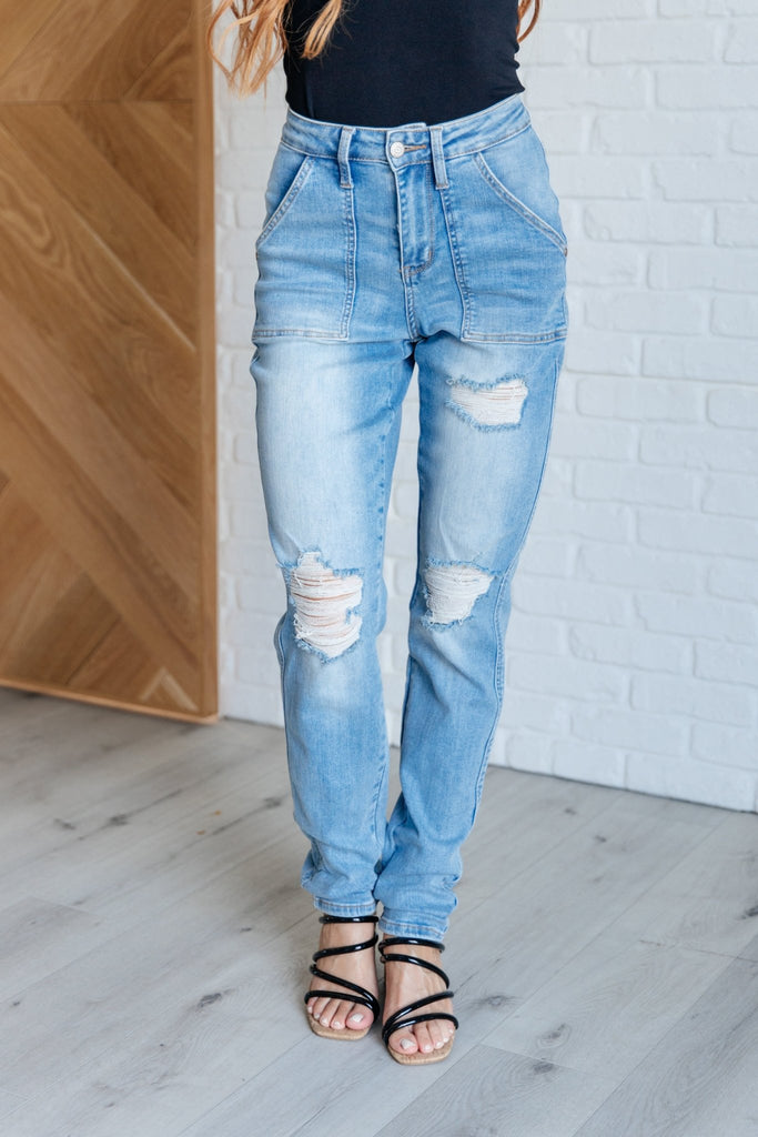 Aiden High Rise Patch Pocket Distressed Boyfriend Jeans - The Edit LLC