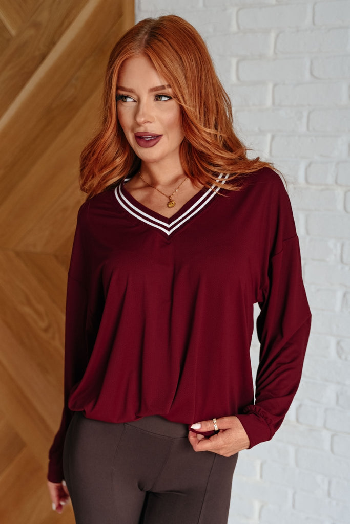 All Out Comfort V - Neck Pullover in Red Merlot - The Edit LLC