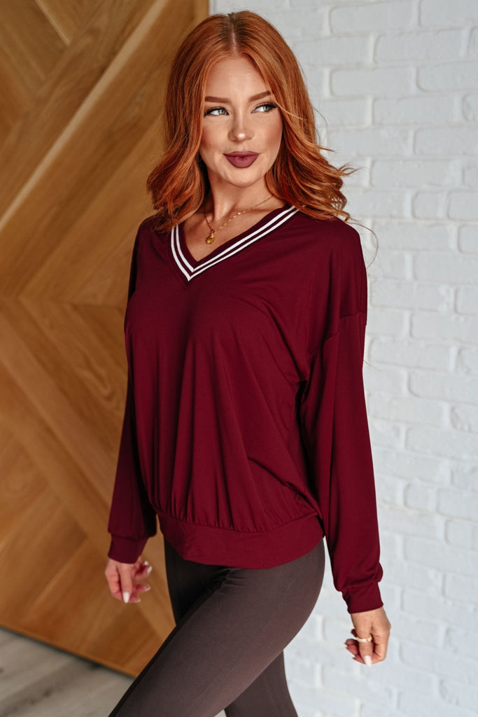 All Out Comfort V - Neck Pullover in Red Merlot - The Edit LLC