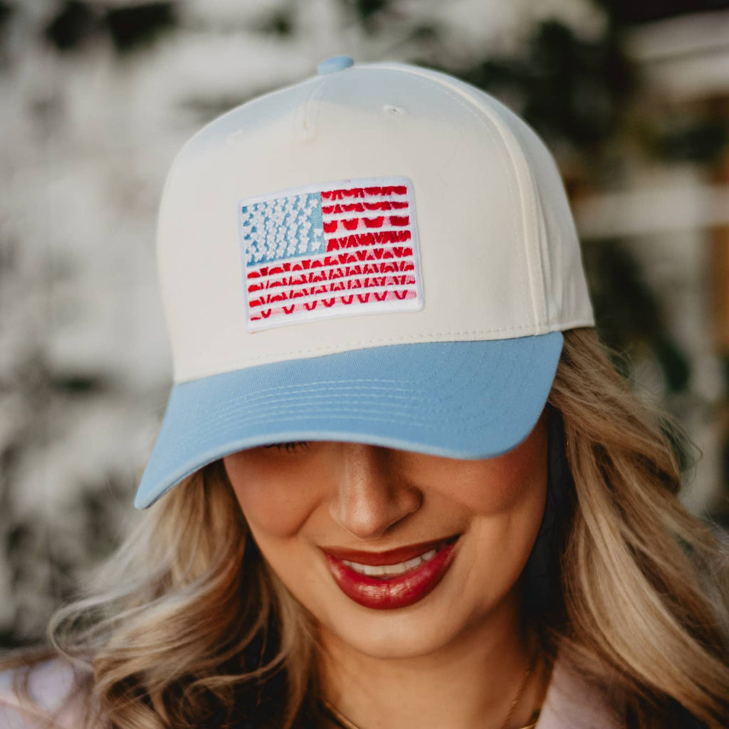 American Flag Two - Toned Fitted Hat: Light Blue and Tan - The Edit LLC
