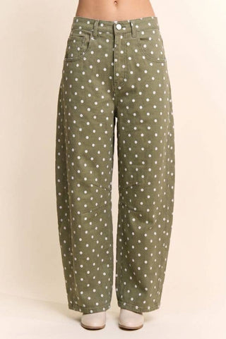 Olive High-Waist Polka Dot Barrel Pants