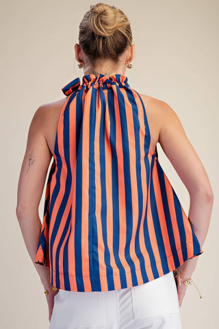 Navy/Orange Ruffle Neck Tie Sleeveless Stripe Top
