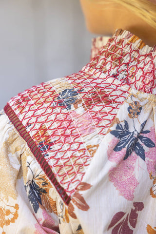 Smocked Shoulder Detail Floral Print Raglan Top