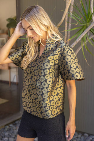 Olive Short Sleeve Ruffle Neck Gold Floral Jacquard Top