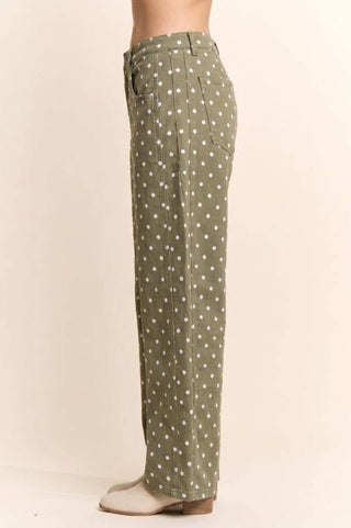Olive High-Waist Polka Dot Barrel Pants