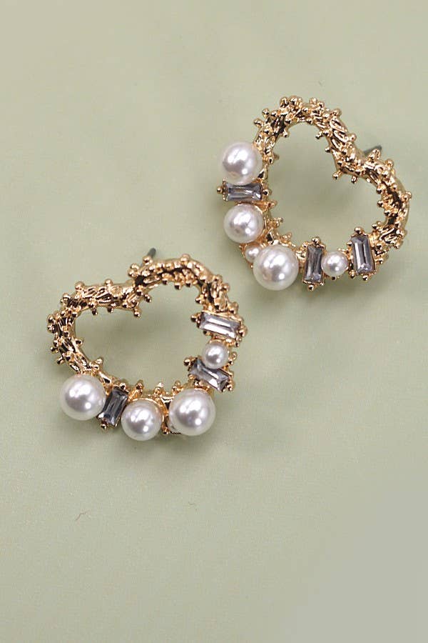 BAGUETTE PEARL HEART POST EARRINGS | 31E03630: Gold - The Edit LLC