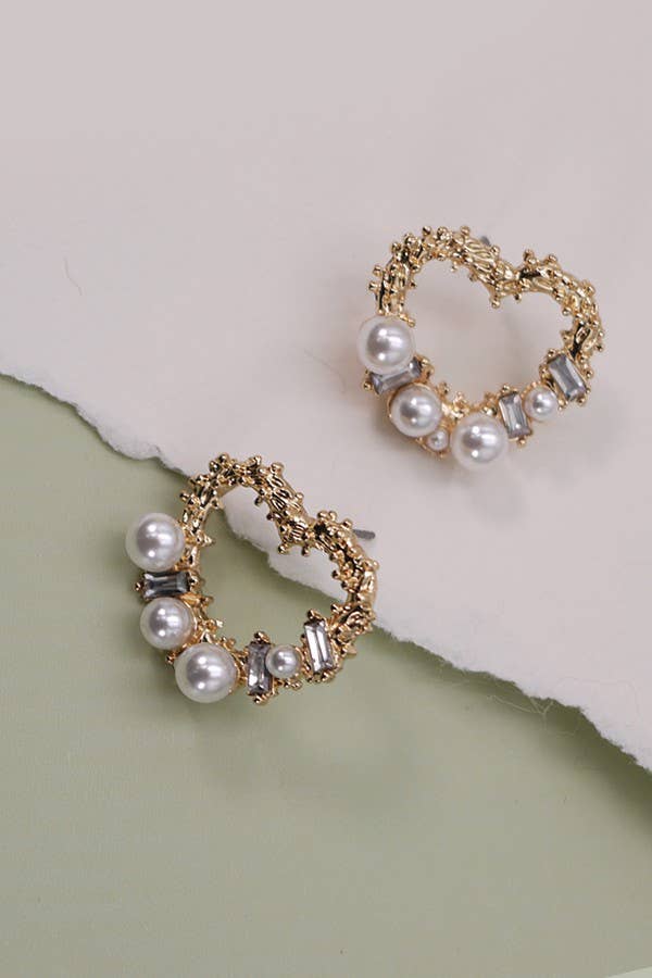 BAGUETTE PEARL HEART POST EARRINGS | 31E03630: Gold - The Edit LLC