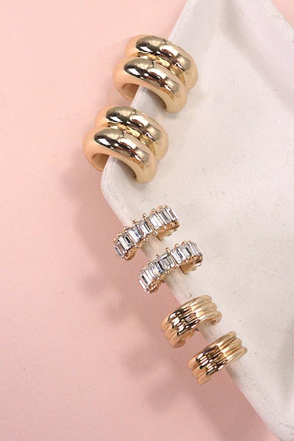 BAGUETTE STONE DOUBLE HOOP HUGGIE TRIO EARRINGS | 80E5317: Gold - The Edit LLC