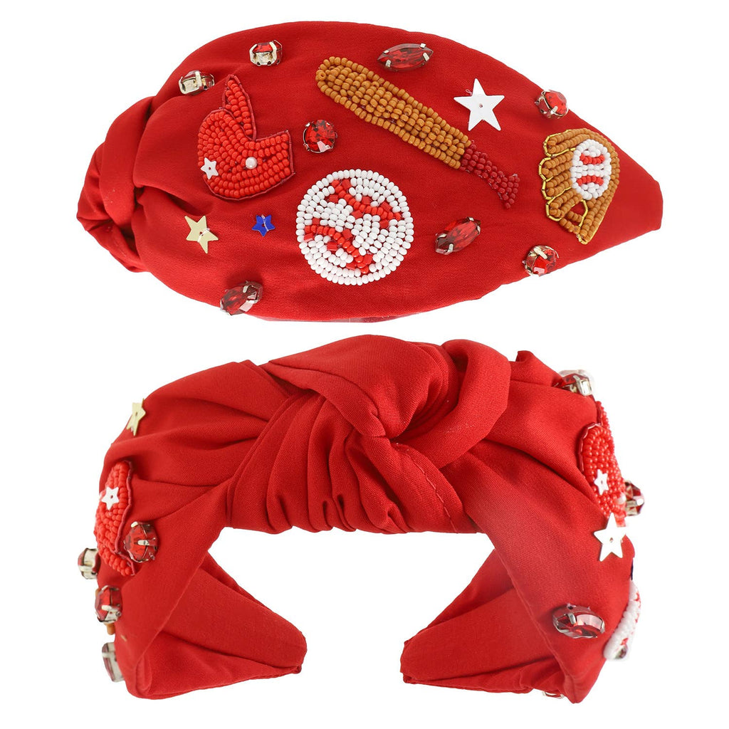 Baseball Top Knotted Jeweled Beaded Headband : Red - The Edit LLC