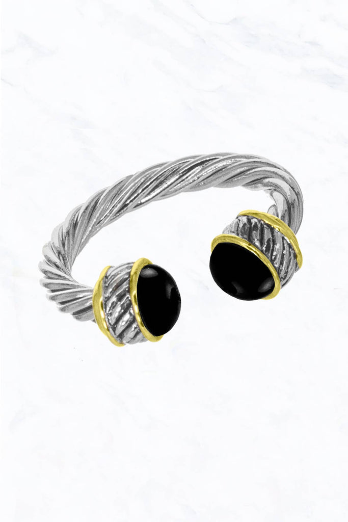 Bead, Pearl Cable Cuff Adjustable Ring: Black - The Edit LLC