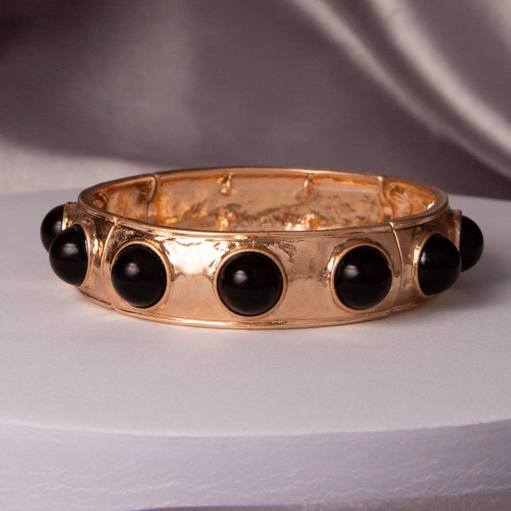 Bezel Set Faux Cabochon Stretch Bangle Bracelet: Black - The Edit LLC