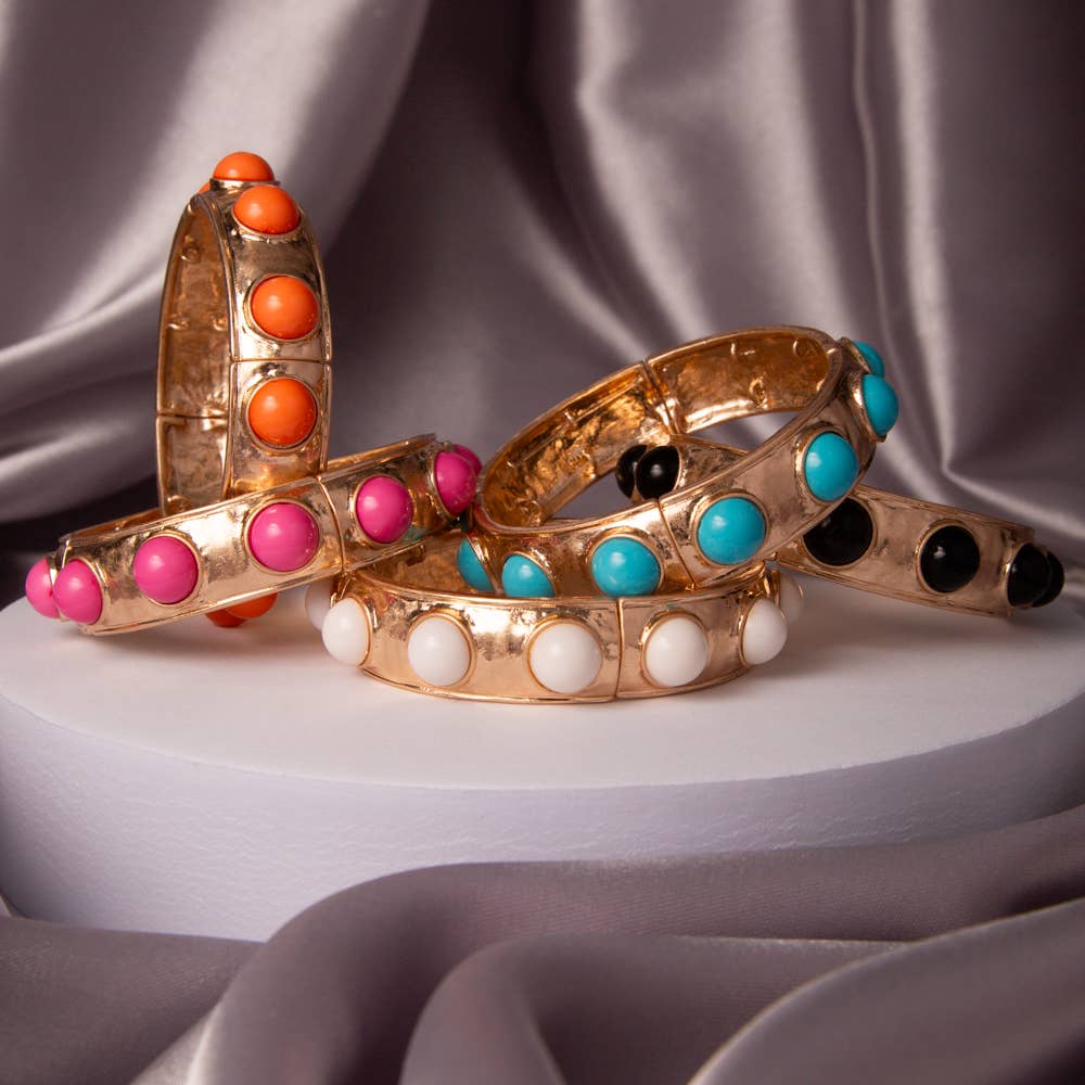 Bezel Set Faux Cabochon Stretch Bangle Bracelet: Pink - The Edit LLC