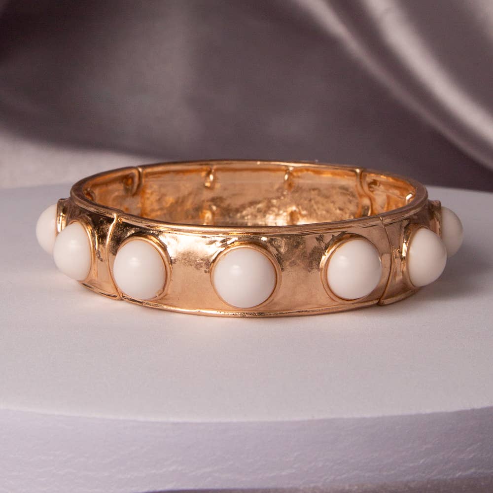 Bezel Set Faux Cabochon Stretch Bangle Bracelet: White - The Edit LLC