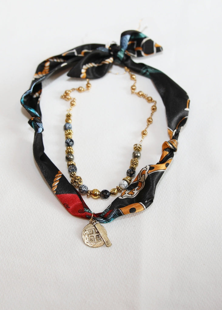 Black Beaded Scarf Neckkace - The Edit LLC
