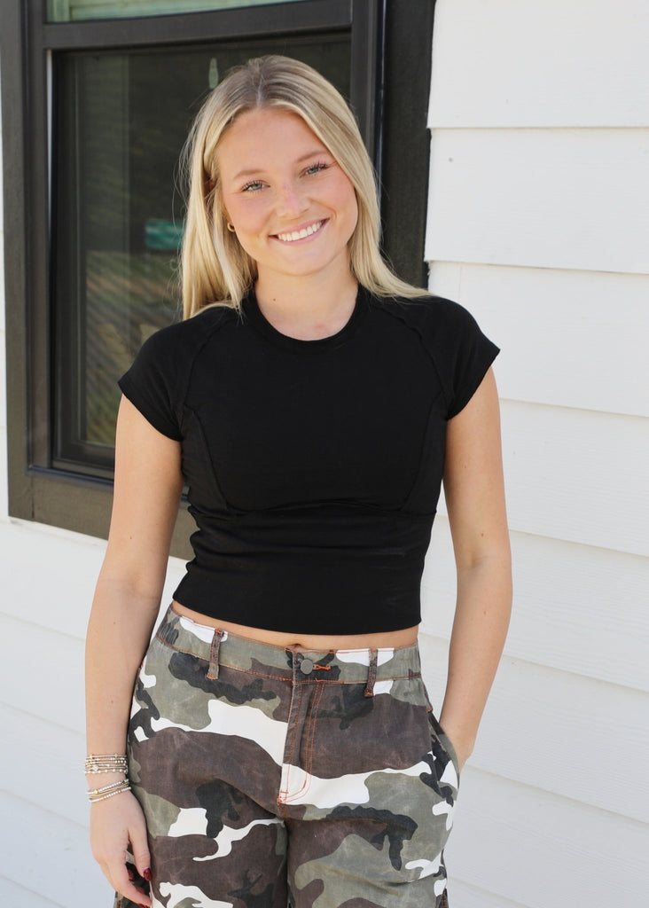 Black Exposed Seam Cropped Tee - The Edit LLC