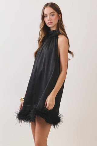 Black Feather Trim Halter Mini Dress - The Edit LLC