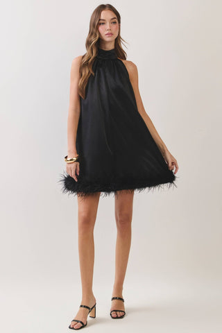 Black Feather Trim Halter Mini Dress - The Edit LLC