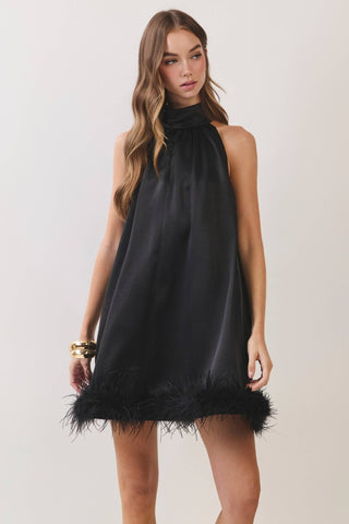 Black Feather Trim Halter Mini Dress - The Edit LLC