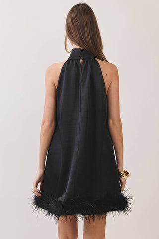Black Feather Trim Halter Mini Dress - The Edit LLC